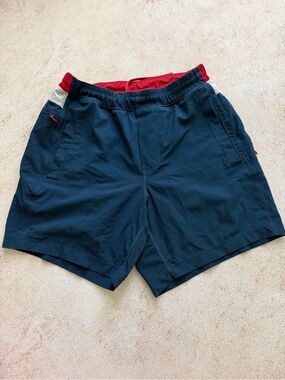 Men’s Navy Athletic Shorts with Red and White Waistband